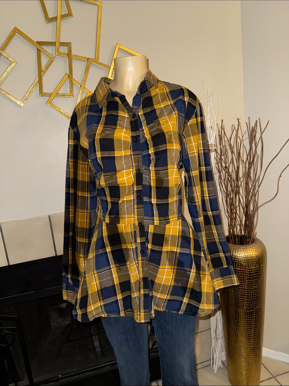 Ashley Stewart Yellow Navy Plaid Peplum Button-Up Skirt